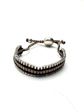 Links of London Sterling Silver Friendship Bracelet w/Woven Black & Copper  EUC